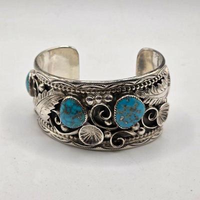 Vintage Native American sterling silver and turquoise Angela Lee cuff bracelet