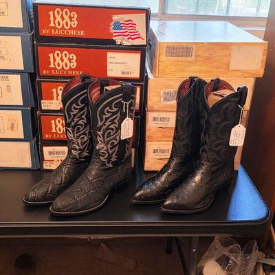 Cowboy boots, mostly pre-ban exotic skins from Lucchese, Justin, Nocona, Tony Lama, Dan Post, and custom made