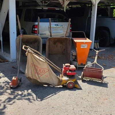 Wheelbarrows, gas powered chipper and bagger, gardening equipment