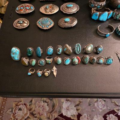 Vintage Native American jewelry, sterling silver and turquoise rings and belt buckles