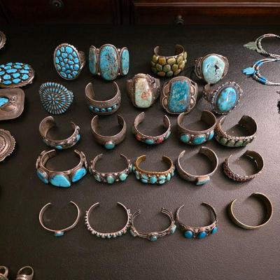 Vintage Native American jewelry, sterling silver and turquoise cuff bracelets
