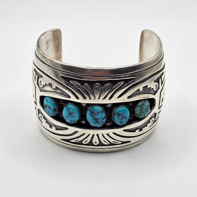 Vintage Native American sterling silver and turquoise Howard Begay cuff bracelet