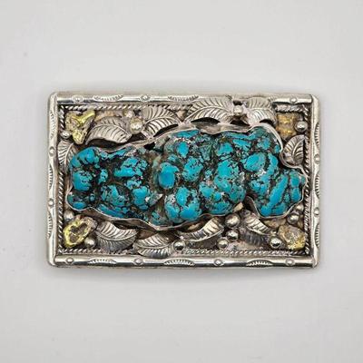 Vintage Native American sterling silver and turquoise belt buckle
