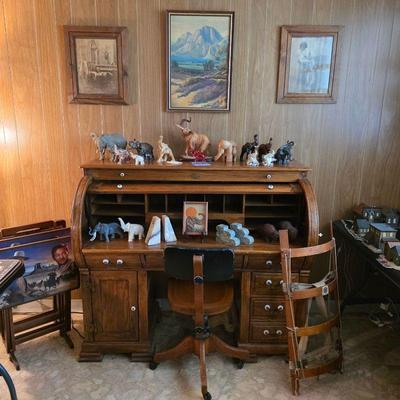 Vintage roll top desk, vintage chair