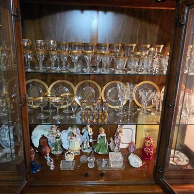 Vintage gold rimmed glassware and figurines