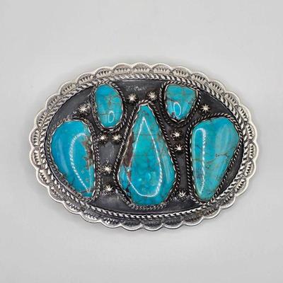 Lorenzo James Vintage Native American sterling silver and turquoise belt buckle