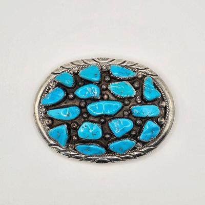 Ben Yazzie Vintage Native American sterling silver and turquoise belt buckle