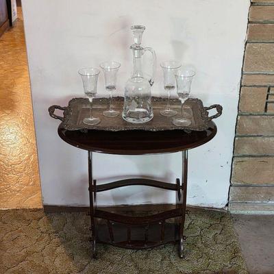 Vintage bar cart, serving tray, and decanter set