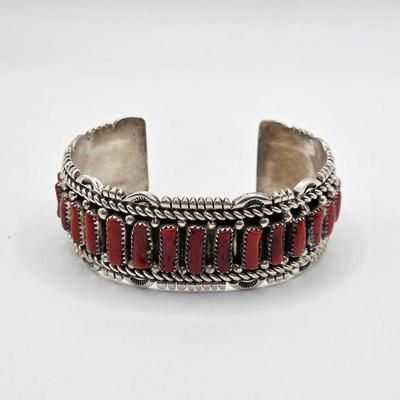 Vintage Native American sterling silver and red coral Vivian Jones cuff bracelet