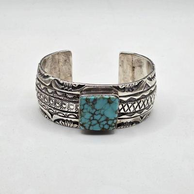 Vintage Native American sterling silver and turquoise Marc Antia cuff bracelet