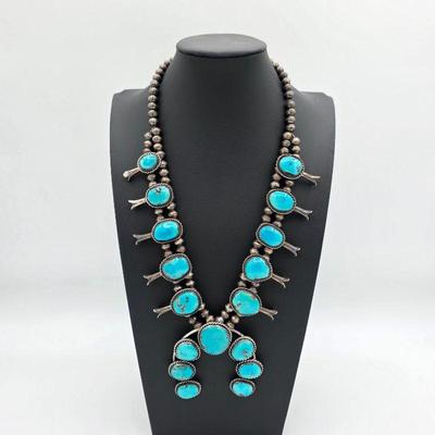 Vintage Native American sterling silver and turquoise squash blossom necklace