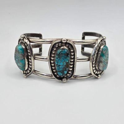 Vintage Native American sterling silver and turquoise cuff bracelet