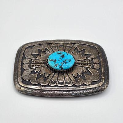 Thomas Singer Vintage Native American sterling silver and turquoise belt buckle