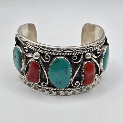 Vintage Native American sterling silver and turquoise Tom David cuff bracelet