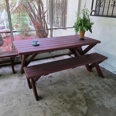 Vintage redwood picnic table and benches