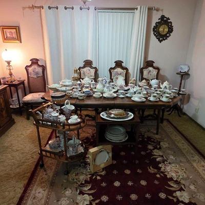 Vintage dining set with chairs, vintage bar cart, vintage fine China tea sets, teapots and tea cups