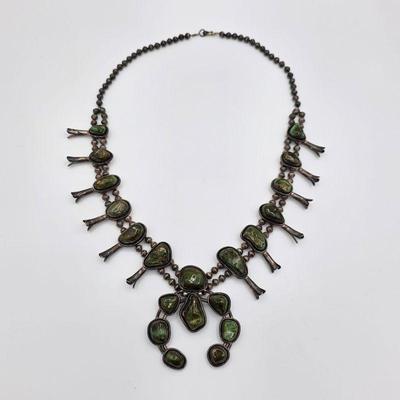 Vintage Native American sterling silver and turquoise squash blossom necklace