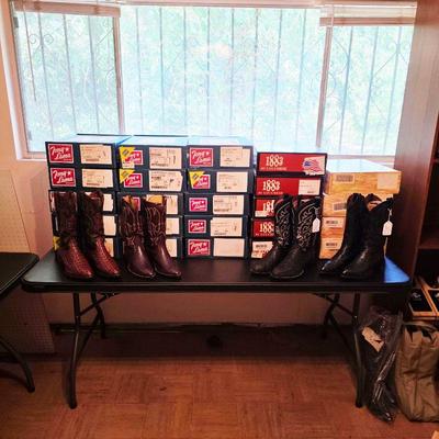 Cowboy boots, mostly pre-ban exotic skins from Lucchese, Justin, Nocona, Tony Lama, Dan Post, and custom made