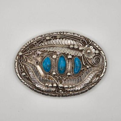 Vintage Native American sterling silver and turquoise belt buckle