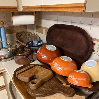Autumn harvest Pyrex, wooden cutting boards, visionware