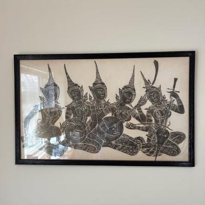 LARGE VINTAGE FRAMED GLAZED THAI BAKU MUSICIANS INK STENCIL ON TISSUE