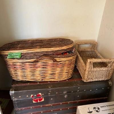 Steamer trunk, fabric, wicker baskets