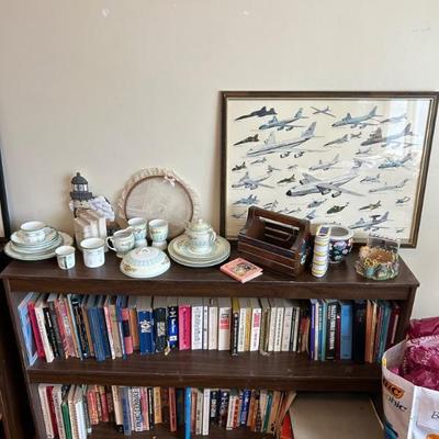 Books, tea set, Air Force plane posters, 