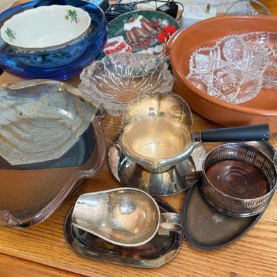 Silver plate, pottery, baking pans, platters, crystal