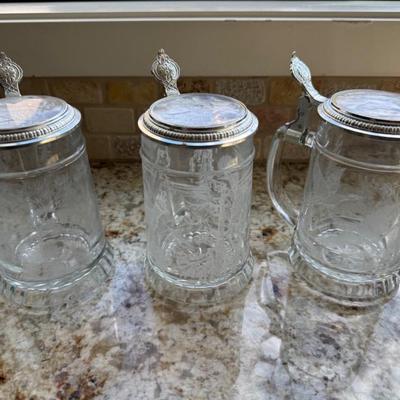 Auction Lot # 11 - Qty 6 German Glass Beer Steins with Pewter Lids - Made in West Germany