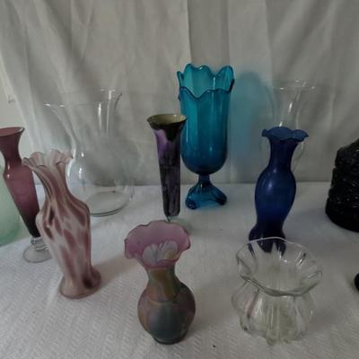 Colored & Clear Glass Vases & More Lot Of 12