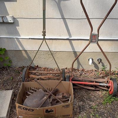 Vintage Push Mowers And Assorted Tool Heads