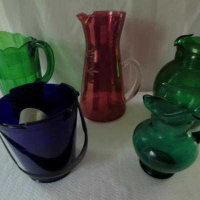 Assorted Colored Glass Pitchers & Ice Bucket 