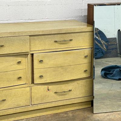 Mid Century Yellow Wood Veneer Dresser & Mirror