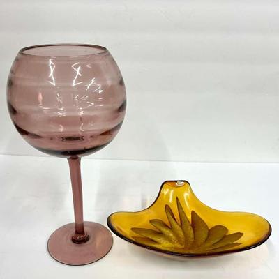 MCM Murano Style Amber Art Glass Bowl & Giant 12" Martini Glass Shaped Vase