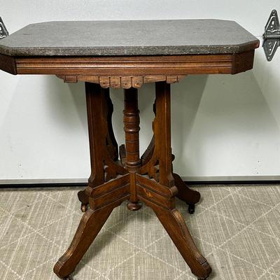 Antique Eastlake Marble Top Table On Casters, 27x19x29” 