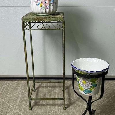 Metal Plant Stands & Ceramic Planters (2)