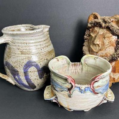 Art Pottery: Lion Bank, Pitcher & Bowl - 5-8”h