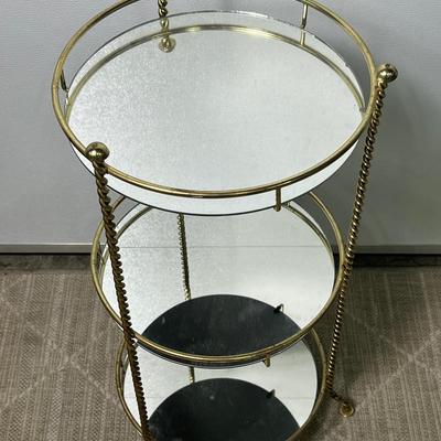 Hollywood Regency Style Three Tier Gold Metal Stand With Mirrored Shelves