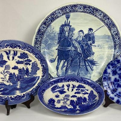 Royal Sphinx 16” Delft Charger, Occupied Japan Blue Willow Platter & Bowl, Flow Blue Plate