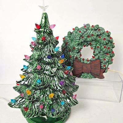 Lighted Ceramic Christmas Tree 13.5" & Wreath 8"
