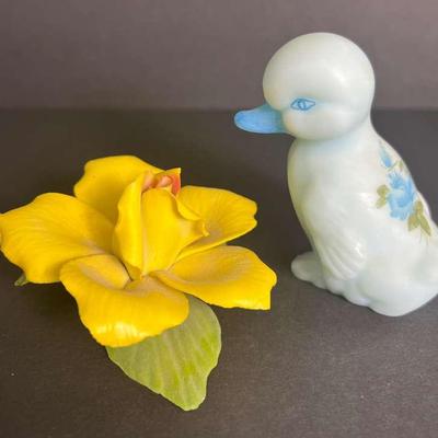 Fenton Glass Hand Painted Duck Figure 3.25" H & Capodimonte Rose 3.5" W