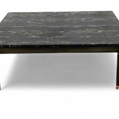 Baker Furniture Neo-Classical Style Marble Top Ebonized & Gilt Coffee Table - 39X27X16”