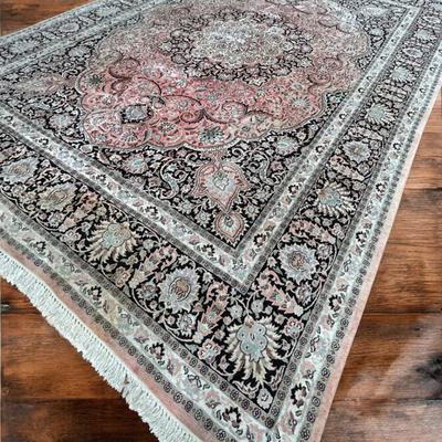 Isfahan Finely Woven Silk Indian Rug - Cream, Black, Pink, Green - 14 ft 3 in X 9 ft 9 in