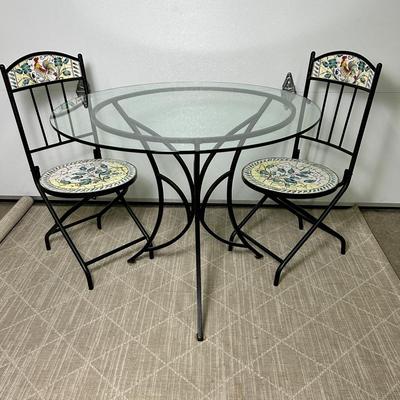 Metal Bistro Table And Mosaic Tile Folding Chairs, 16” Dia, 35”H 