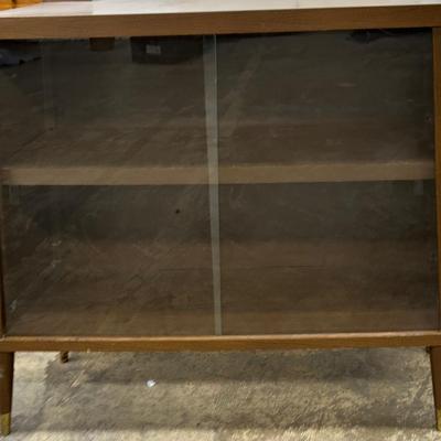 Mid Century Low Bookshelf With Sliding Glass Doors- 35X12X32”