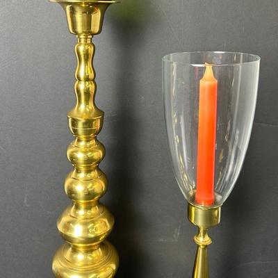 Brass Candlesticks: Baldwin with Hurricane 16" & Homco With Glass Votive Insert 21"