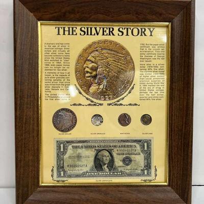 90% Silver Dollar (1889), Dime, Granules, War Nickel & Silver Certificate In Display Frame