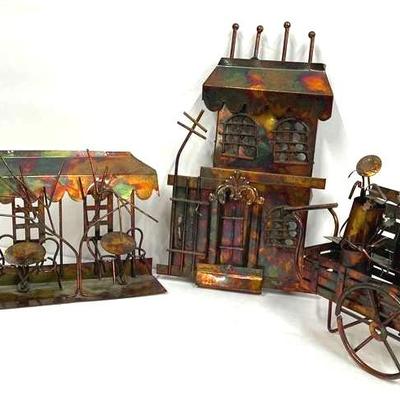 MCM Jere-Style Torch Cut Metal Art Collection – Vintage Wall Sculptures & Freestanding Flower Cart