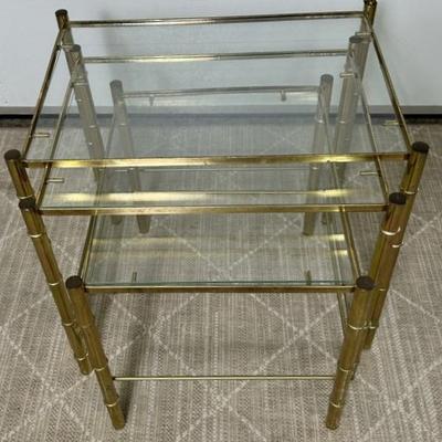 Vintage Brass & Glass Bamboo Style Nesting Tables - 13x15-13.5x18 (L/W) 14-17”H