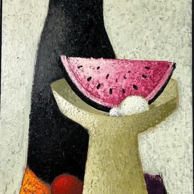 Mid Century Ramon Prats Still Life With Watermelon Painting On Board - 24.5x16”